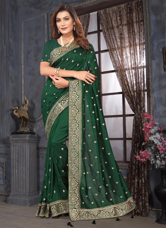 Vichitra Bottle Green Wedding Wear Embroidery Work Saree